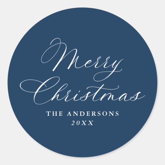 Elegant Calligraphy Navy Merry Christmas Runder Aufkleber (Vorderseite)