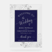 Elegant Calligraphy Navy & Silver Wedding Welcome Acrylschild (Vorderseite)