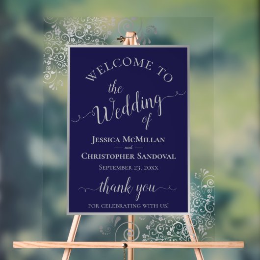 Elegant Calligraphy Navy & Silver Wedding Welcome Acrylschild (Neutral)