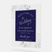Elegant Calligraphy Navy & Silver Wedding Welcome Acrylschild (Winkel)