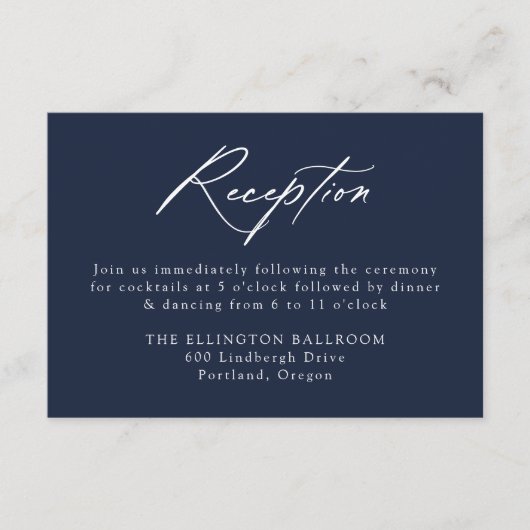 Elegant Calligraphy Navy Wedding Reception Begleitkarte (Vorderseite)