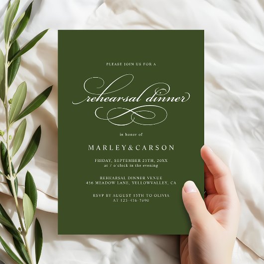 Elegant Calligraphy Olive Green Rehearsal Dinner Einladung