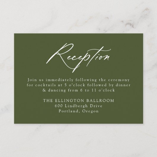 Elegant Calligraphy Olive Green Wedding Reception Begleitkarte (Vorderseite)