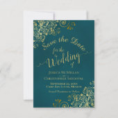 Elegant Calligraphy Ornate Teal and Gold Wedding Save The Date (Vorderseite)