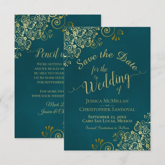 Elegant Calligraphy Ornate Teal and Gold Wedding Save The Date (Vorne/Hinten)