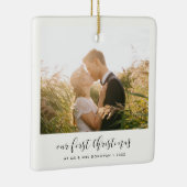 Elegant calligraphy Our First Christmas Foto Keramikornament (Rechts)