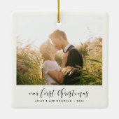 Elegant calligraphy Our First Christmas Foto Keramikornament (Rückseite)