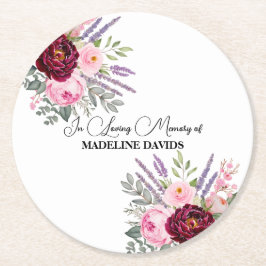 Elegant Calligraphy Peonies Funeral Runder Pappuntersetzer