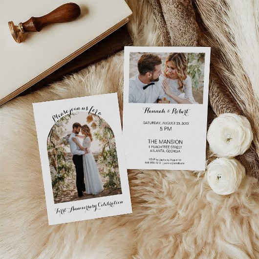 Elegant, Calligraphy Photo Arch 1st Anniversary Einladung