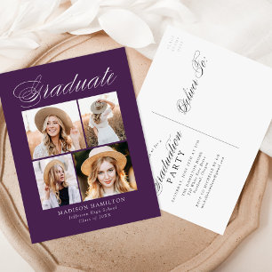 Elegant Calligraphy Purple Photo Graduation Party Einladungspostkarte