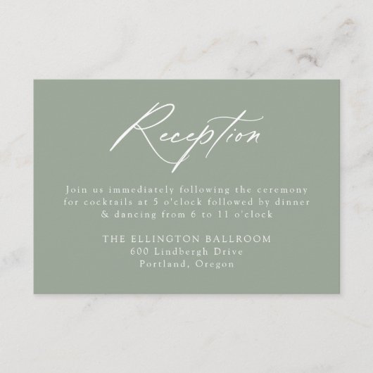 Elegant Calligraphy Sage Green Wedding Reception Begleitkarte (Vorderseite)