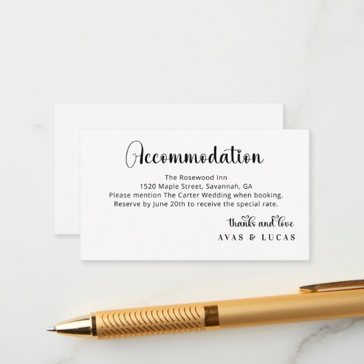 Elegant Calligraphy Script Wedding Accommodations Begleitkarte (Vorderseite/Rückseite Beispiel)