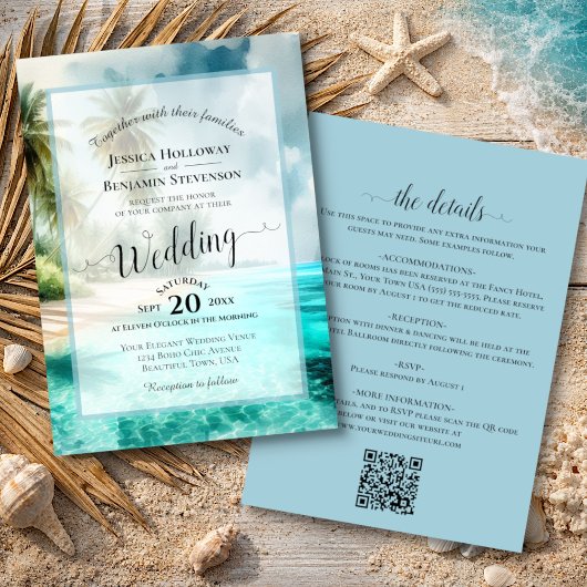 Elegant Calligraphy Tropical Beach QR Code Wedding Einladung