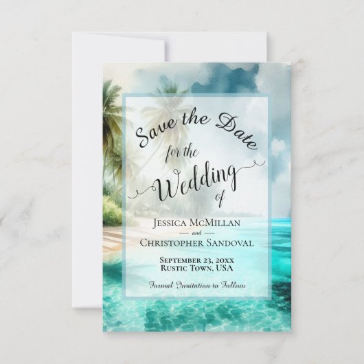 Elegant Calligraphy Tropical Beach Wedding Save The Date (Vorderseite)