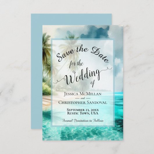 Elegant Calligraphy Tropical Beach Wedding Save The Date (Vorne/Hinten)
