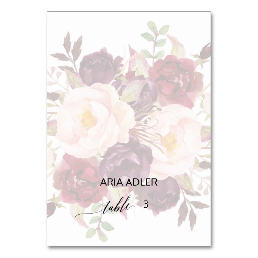 Elegant Calligraphy | Verblasste florale Escortkar Tischnummer (Vorderseite)