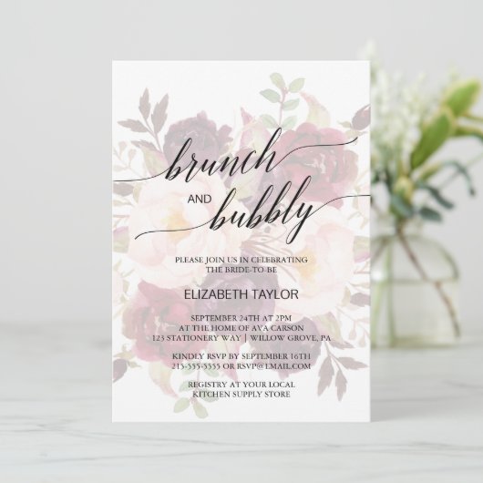 Elegant Calligraphy | Verblasster Brunch & Bubbly Einladung (Stehend Vorderseite)