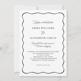 Elegant Calligraphy Wedding Black Wavy Border Einladung