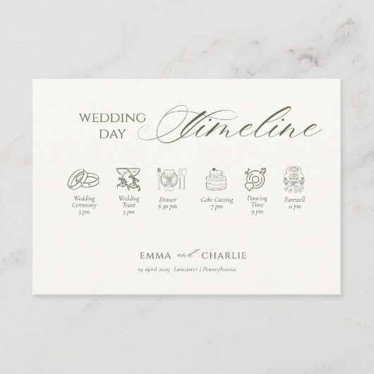 Elegant Calligraphy  Wedding Day Timeline Begleitkarte (Vorderseite)