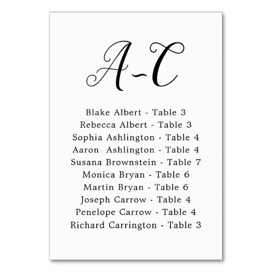 Elegant Calligraphy Wedding Gast by Last Name Tischnummer (Vorderseite)