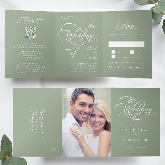 Elegant Calligraphy Wedding Sage Green Dreifach Gefaltete Einladung