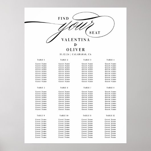 Elegant Calligraphy Wedding Seating Chart  Poster (Vorne)