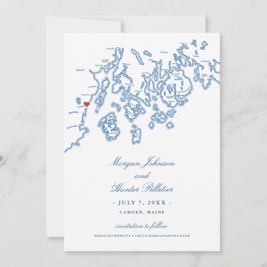 Elegant Camden Maine Map Wedding Save The Date (Vorderseite)