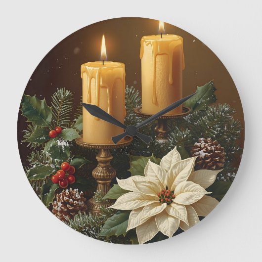Elegant candle Christmas holly pine warm festive Große Wanduhr (Vorderseite)