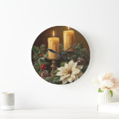 Elegant candle Christmas holly pine warm festive Große Wanduhr (Zuhause)