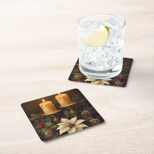 Elegant candle Christmas holly pine warm festive  Rechteckiger Pappuntersetzer (Vor Ort)