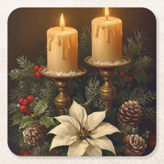 Elegant candle Christmas holly pine warm festive  Rechteckiger Pappuntersetzer (Vorderseite)
