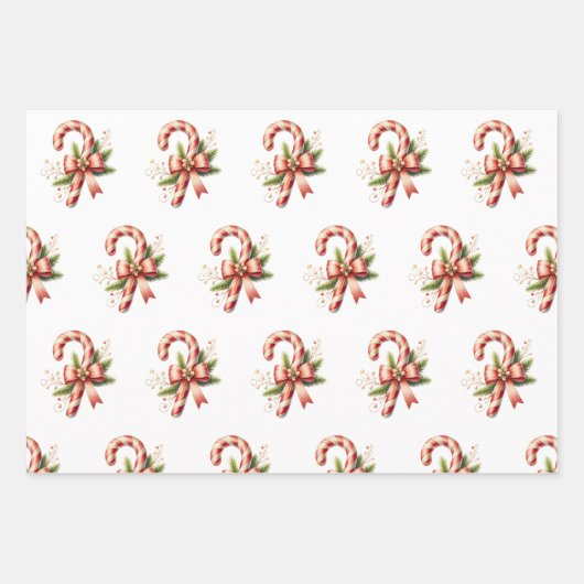 Elegant Candy Cane with Red Bow Set of 3 Christmas Geschenkpapier Set (Vorderseite 2)