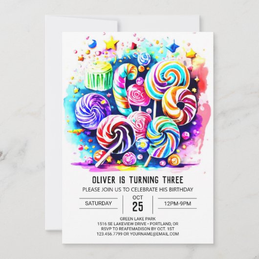 Elegant Candyland Printable Birthday Einladung (Vorderseite)