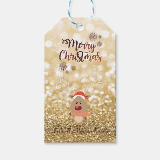 Elegant, Cartoon Rentier, Glittery Bokeh Geschenkanhänger (Vorderseite)