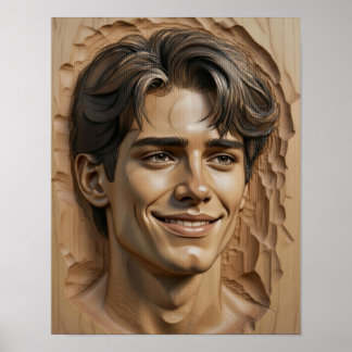 Elegant Carved Portrait on Wood Texture Poster