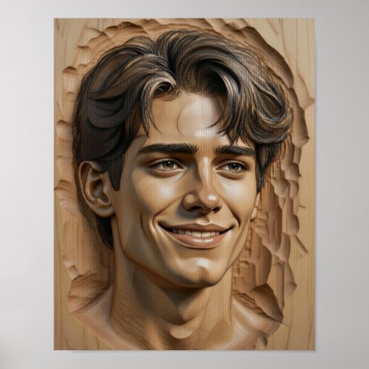Elegant Carved Portrait on Wood Texture Poster (Vorne)