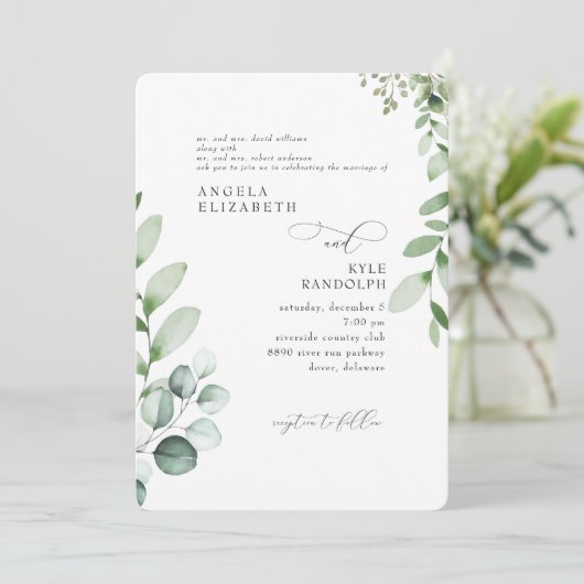 Elegant Cascading Eucalyptus Wedding Rounded Einladung (Stehend Vorderseite)