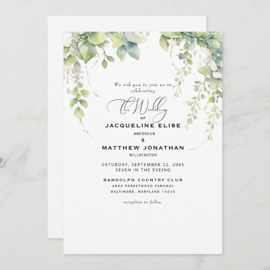 Elegant Cascading Greenerenerity Wedding Einladung (Vorne/Hinten)