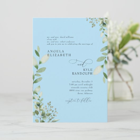Elegant Cascading Greenerity Wedding Ice Blue Einladung (Stehend Vorderseite)