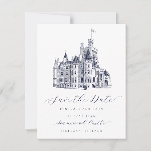 Elegant Castle Illustration Script Wedding Save The Date (Vorderseite)