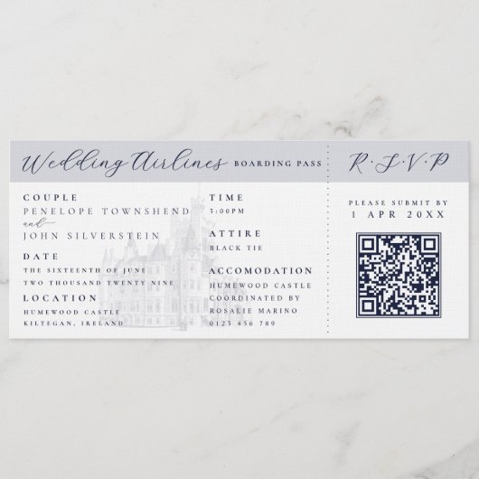 Elegant Castle Plane Ticket Destination Wedding  Einladung (Vorderseite)