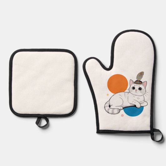 Elegant Cat with Peacock Feather Headdress Ofenhandschuh & Topflappen-Set (Vorderseite)