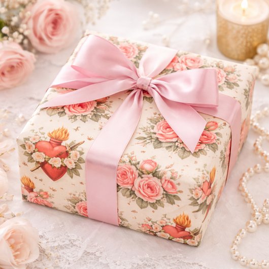 Elegant Catholic Heart of Mary Pink Roses Geschenkpapier