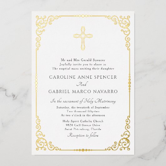 Elegant Catholic Mass Wedding Folieneinladung (Vorderseite)