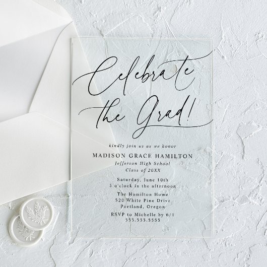Elegant Celebrate the Grad Black Script Abschluss Acryleinladungen