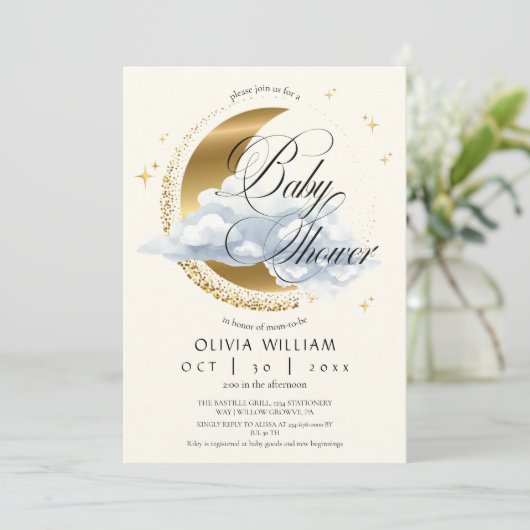 Elegant Celestial Beige Script Baby Shower Einladung (Stehend Vorderseite)