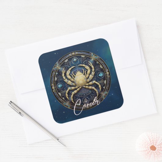 Elegant Celestial Crab Sun Signieren Black Gold Ca Quadratischer Aufkleber (Umschlag)