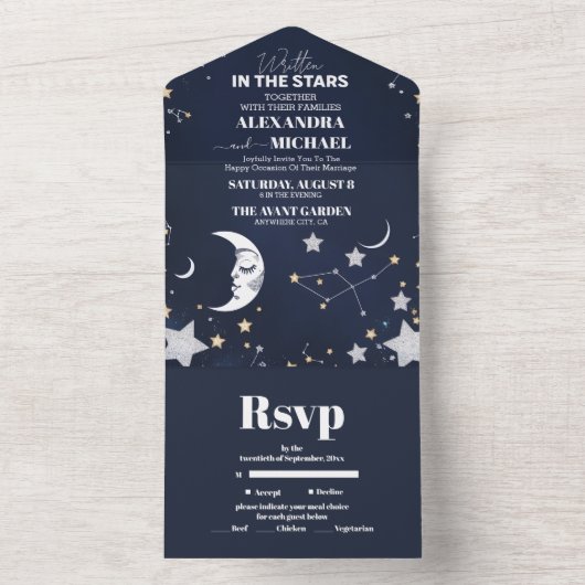 Elegant Celestial Crescent Moon Wedding All In One Einladung (Innen Boden)