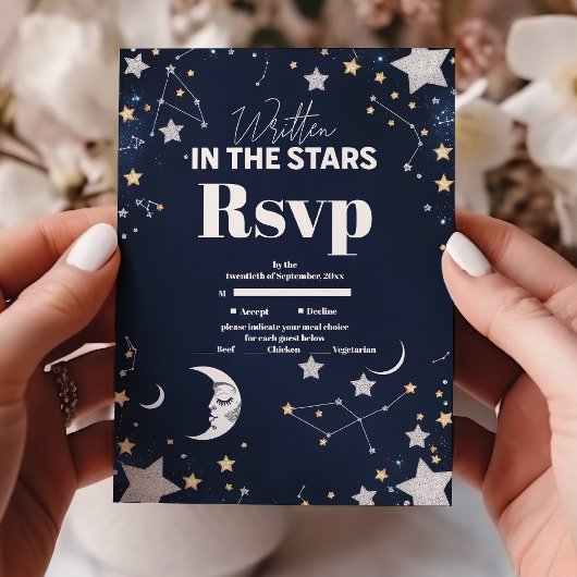 Elegant Celestial Crescent Moon Wedding RSVP Karte