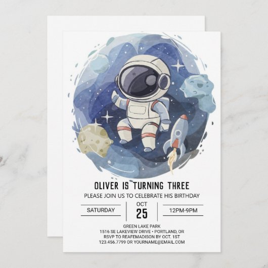 Elegant Celestial Editable Astronaut Boy Birthday Einladung (Vorne/Hinten)